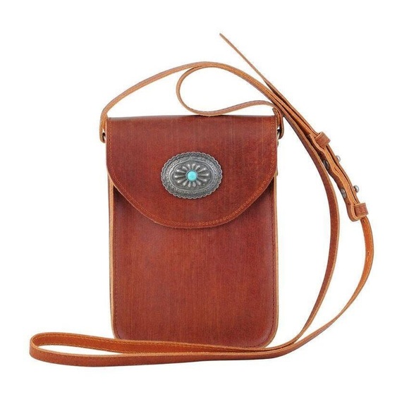 Most Wanted Tan Leather Concho Cellphone Crossbody Bag Western Boho 🤎🩵 - Picture 1 of 10